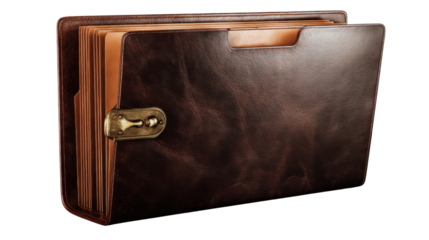 Leather folder with brass clasp holding important documents, a vintage business portfolio for organization and presentation