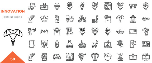 A diverse collection of 50 innovative outline icons representing technology and design.