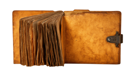 Vintage leather journal opening, revealing aged blank pages, a secure clasp fastening, and historical record keeping concept, transparent background