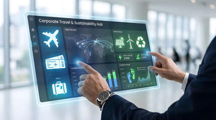 Fototapeta premium Interactive Corporate Travel and Sustainability Dashboard Displayed on Digital Interface in Office Environment with Touchscreen Viewpoint