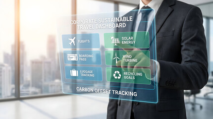 Businessman Using Digital Sustainability Dashboard for Carbon Footprint Tracking in Modern Office Environment - Close-up Technology Visualization