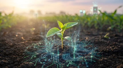 Close-up of a small seedling growing in fertile soil with digital agriculture visualization of future technology in a bright natural environment