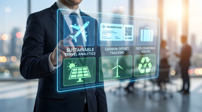 Business professional analyzing sustainable energy and carbon footprint tracking on digital corporate interface in modern office environment - Powered by Adobe
