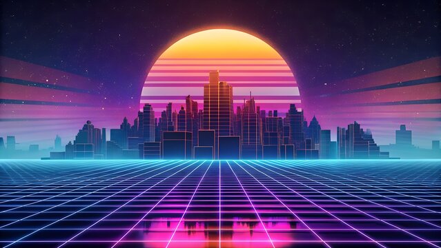 Retro Futuristic Cityscape at Sunset With Neon Grid Skyline and 80s Inspired Aesthetic