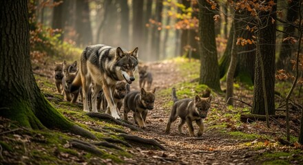 A wolf and her playful puppies walking on a forest path with autumn leaves and mossy trees.