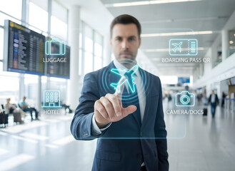 Interactive Online Check-In Process, Businessman, Airport Terminal, Digital Interaction, Modern Environment, Close-up View, Technology Concept