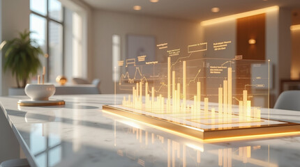Luxury Futuristic Data Analytics Hologram in Modern Minimalist Office Interior