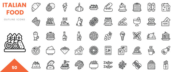 A diverse collection of Italian food icons featuring outline illustrations of popular dishes.