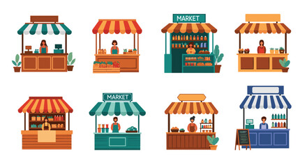 A vibrant collection of flat design illustrations showing various market stalls with vendors selling fresh produce, groceries, and other goods.