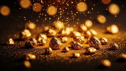 Sparkling gold nuggets create a treasure trove of wealth and prosperity, perfect for finance, investment, or luxury branding that exudes timeless elegance and value