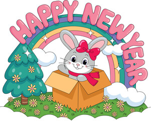 Happy New Year rabbit with rainbow, flowers, and tree — playful cartoon celebration for kids, greetings, and holiday decor