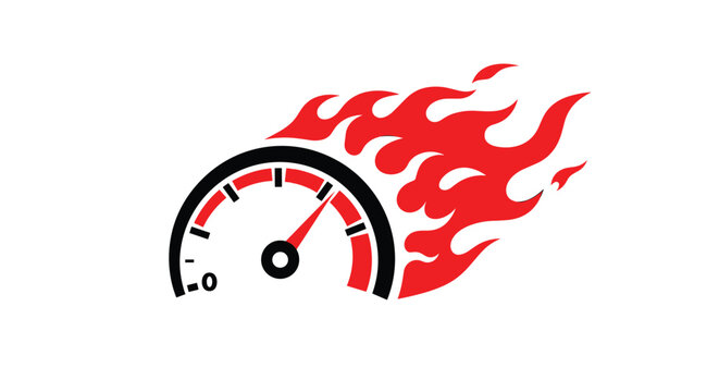 Dynamic speedometer with a red needle and fierce red flames trailing behind, representing high performance and speed.