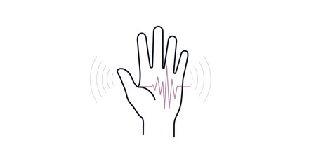 Obraz premium Outline of a human hand with radiating waves and a pulse-like zigzag line, representing touchless interaction or biometric sensing.