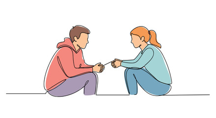 Two young people sitting on the ground, facing each other and gently connecting their hands with a string in a continuous line drawing style.