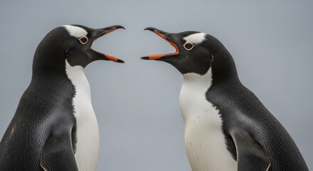 Obraz premium Two penguins standing face-to-face with open beaks against a gray background.