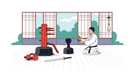 A dedicated martial artist in a traditional dojo prepares for training, kneeling with sai weapons surrounded by diverse equipment like a Wing Chun dummy.