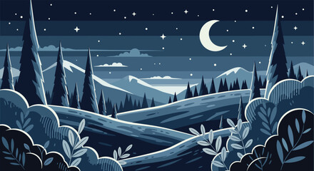 Charming pixel art illustration of a tranquil winter night scene with a crescent moon, shining stars, distant mountains, and tall evergreen trees.