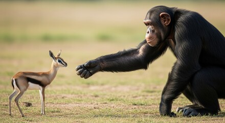 A chimpanzee crouches and extends its hand towards a gazelle standing in a grassy field with a