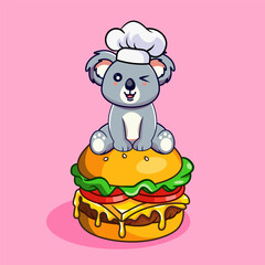 Cute Koala Chef Sitting on a Delicious Burger Vector Illustration Cartoon Design Kawaii