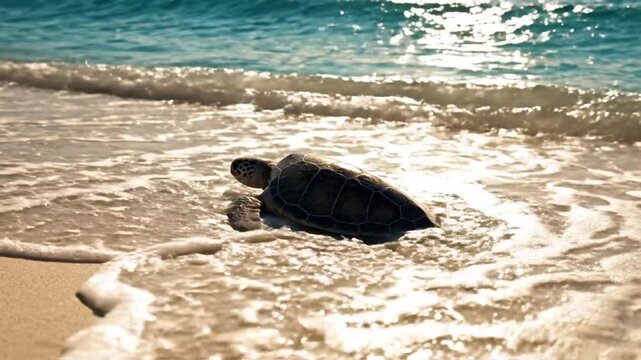 a small sea turtle crawling slowly toward turquoise shoreline waves.