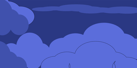 Night cloudy sky. Minimalistic banner with fluffy clouds and twinkling stars. Daydreaming, imagination and relaxation. Background with copy space.