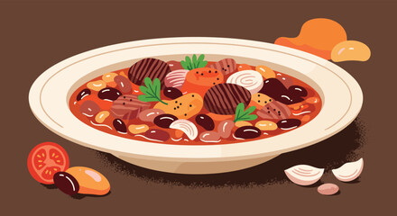 A vibrant illustration of a delicious and hearty bowl of chili con carne, packed with tender meat, various beans, fresh vegetables, and aromatic herbs.
