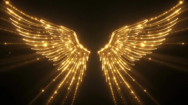 Glowing Golden Angel Wings Unfurling from Sparkling Light Particles.