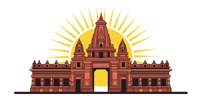 A stylized vector illustration featuring an ancient temple structure with a radiant sunburst in the background, embodying cultural and spiritual themes.