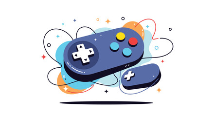 Stylized flat design illustration of two game controllers floating amidst colorful abstract shapes, symbolizing modern digital gaming and entertainment.