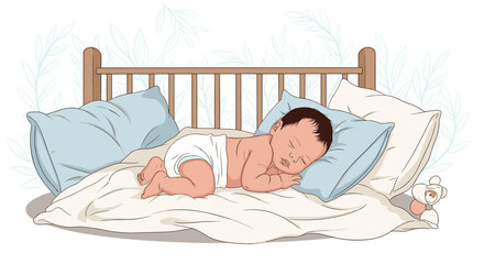 Adorable newborn baby peacefully sleeping on a bed, nestled among soft pillows and a light blanket, with a small teddy bear nearby.