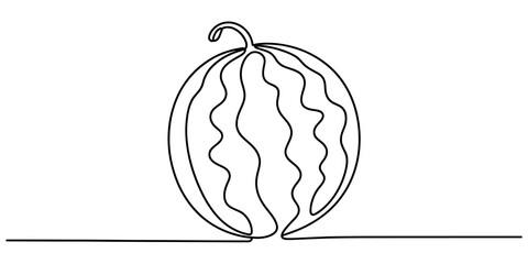 Abstract single line art illustration of a ripe whole watermelon fruit, creative modern minimalist sketch, healthy eating summer fruit design. Vector, illustration