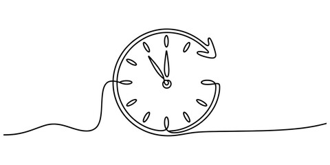 Continuous line drawing of a clock with an arrow symbolizing time passing, a deadline, or schedule management on a clean white background Vector, illustration