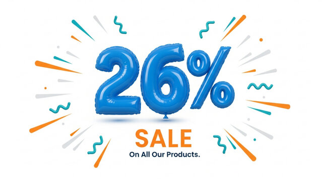 26% Sale Banner with Blue 3D Balloon Numbers and Confetti Effect