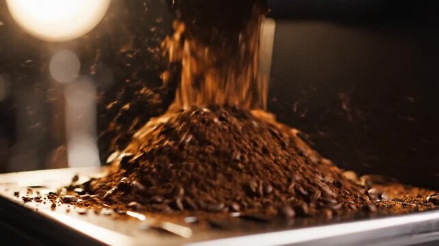 Coffee Grinder footage, freshly ground coffee falling from a grinder&rsquo;s chute onto a small metal tray or wooden board