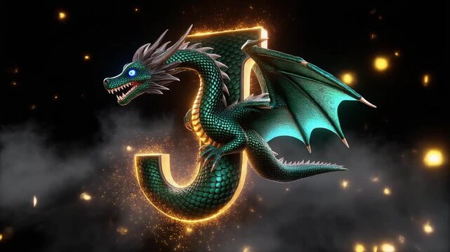 Glowing Dragon Shaped as J &ndash; Mystical Fantasy Animation with Smoke, Embers, and Wings