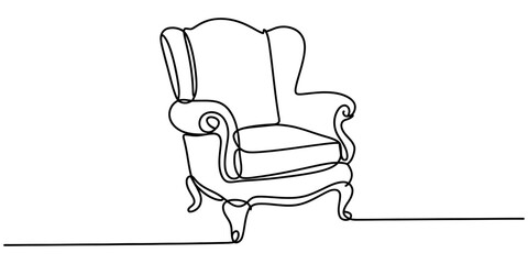 One continuous line drawing of a classic wingback armchair, isolated on continuous one line art of vector illustration © Creative_Outline2019