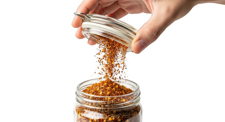 Hand pouring mustard seeds from a glass jar on a white background