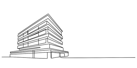 Minimalist continuous line art drawing depicting a contemporary multi-story building, symbolizing urban architecture, growth and innovation Vector, illustration