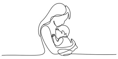 One line continuous drawing of a mother holding her baby, minimalist abstract art of maternal love and care, isolated on white continuous one line art of vector illustration