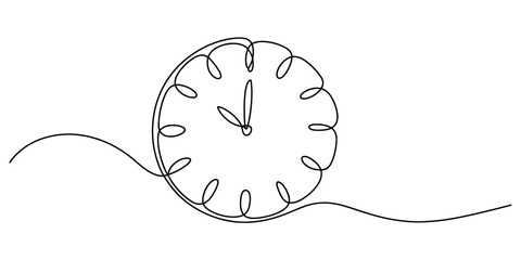Continuous one line drawing of a simple clock with curly border and hands, symbolizing time, punctuality, and the relentless flow of moments Vector, illustration