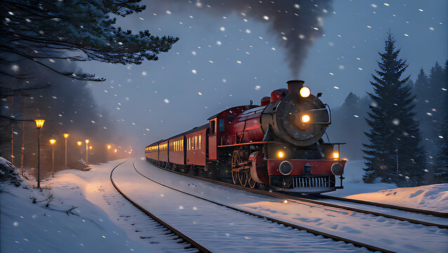 A vintage red steam locomotive train travels through a snowy winter forest landscape at night, illuminated by its bright headlight and surrounding streetlights - Powered by Adobe