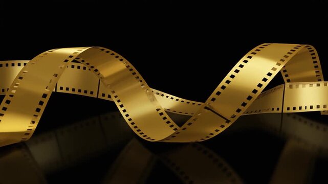 Cinematic Golden Film Ribbon Curl Sliding Across Black Background