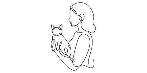 Continuous one line drawing of a woman with a cat. minimalist linear sketch of female holding pet. simple single line art concept on white. Vector, illustration