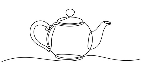 Elegant continuous line art drawing of a classic teapot for brewing and serving hot beverages, minimalist style illustration on white background Vector, illustration