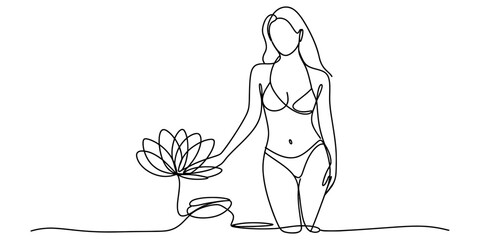 Minimalist continuous line drawing of a beautiful woman in a bikini standing in water and touching a lotus flower, isolated on continuous one line art of vector illustration