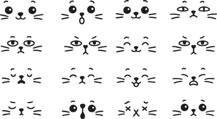 Cat face emotions. Kitty cartoon emoji with mouth, nose whiskers and eye in Japanese kawaii style. Happy, sad and angry, crazy and crying cute pet expression black and white art illustration