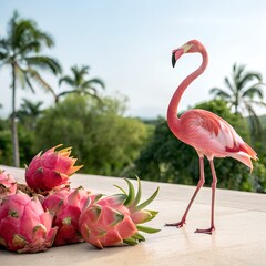 A flamingo standing beside ripe dragon fruits with a clear tropical background