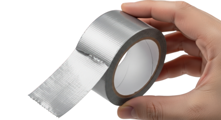 Close-up of a hand holding a roll of silver duct tape against a white background.