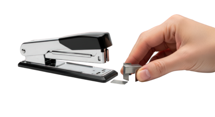 Hand inserting staple into metal stapler on white background.
