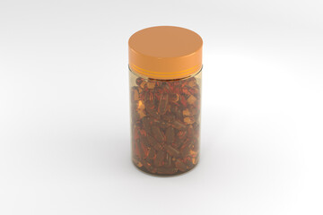 Fish oil capsule in a jar bottle with golden metal cap mockup 3d rendering